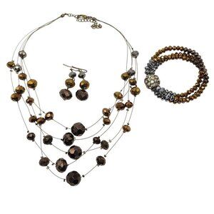 Gold Bronze Multi Strand Bead Necklace Matching Earrings Stretch Bracelet